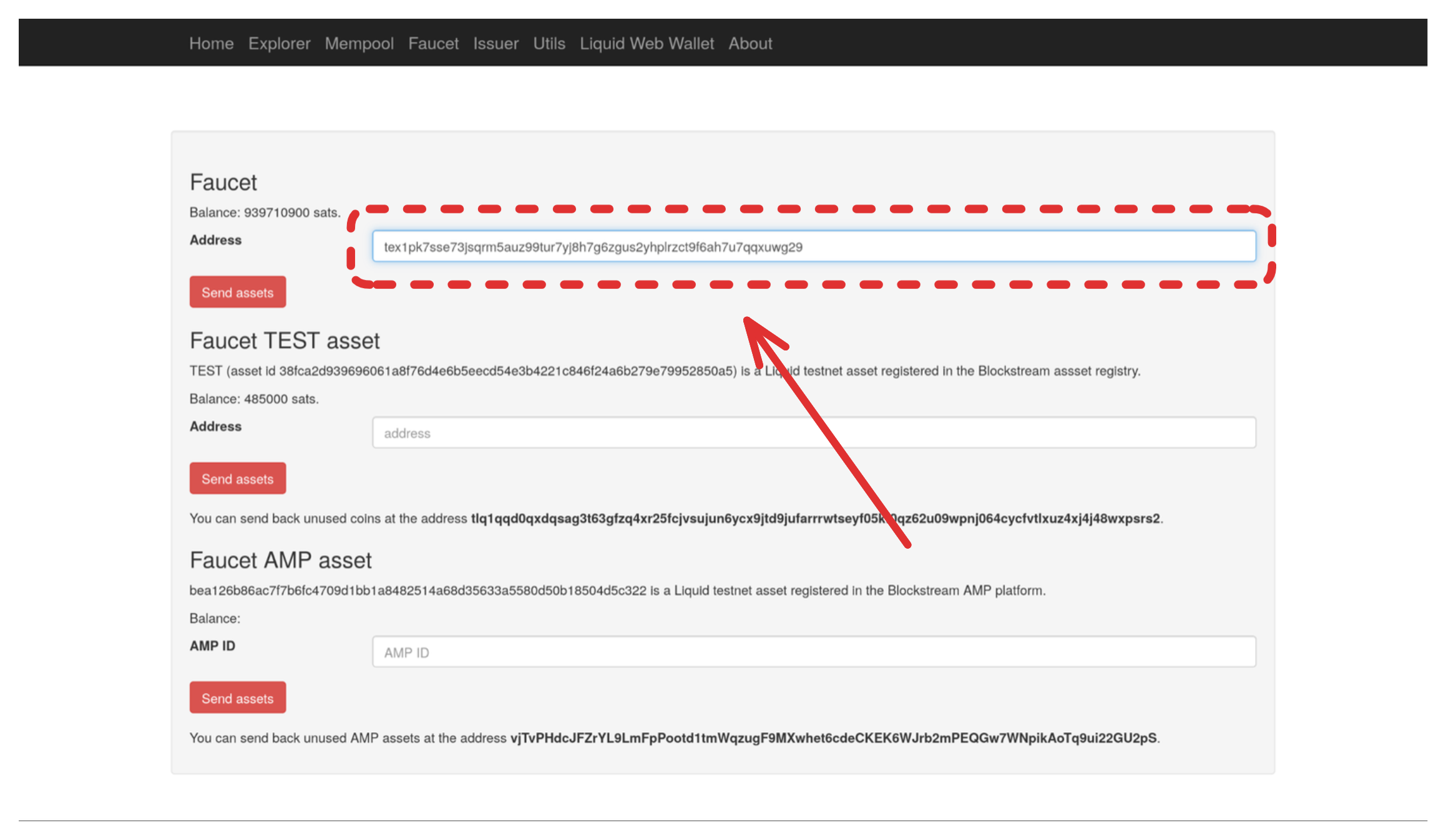 Screenshot of the Liquid testnet faucet
